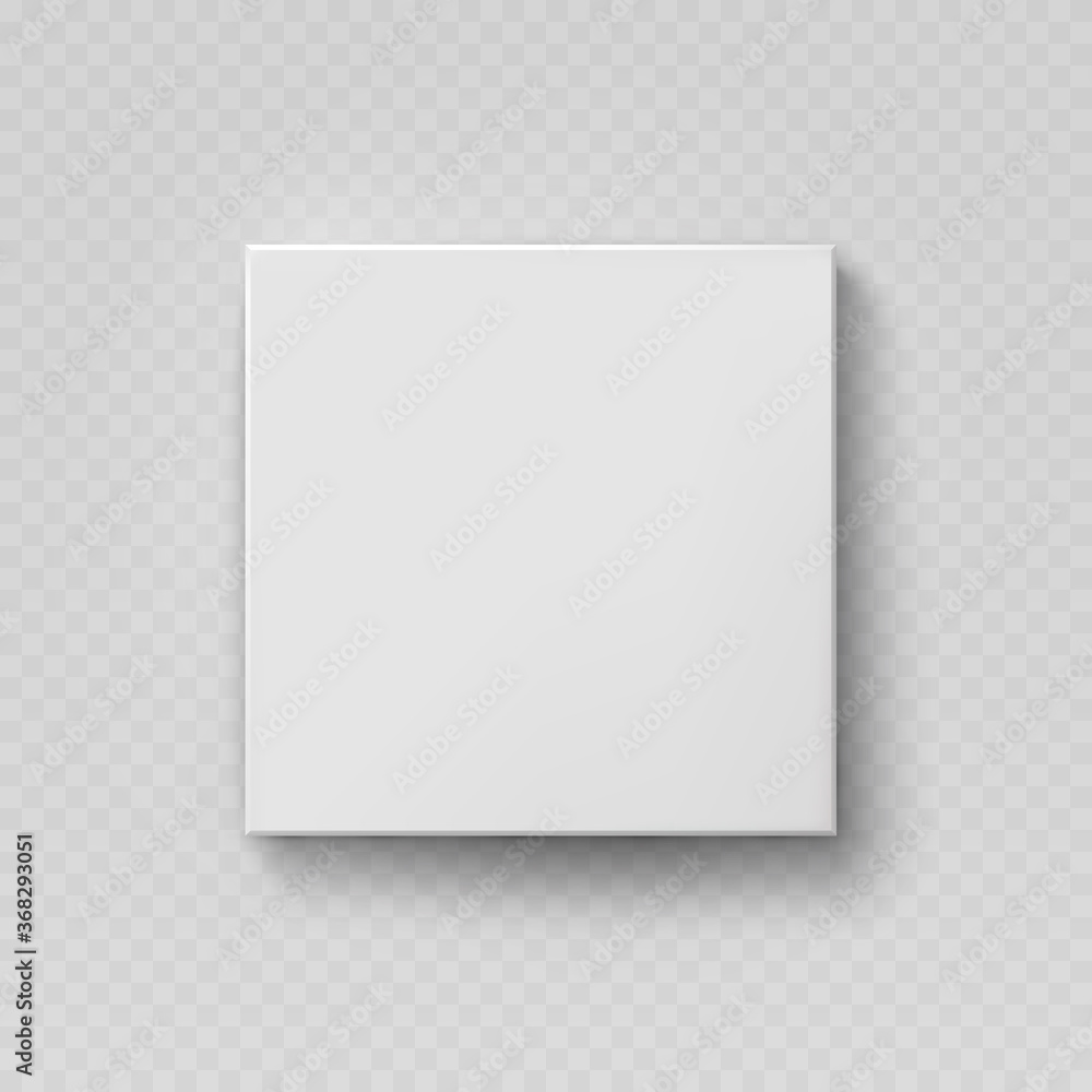 Box mock up top view with shadow isolated on transparent background. White 3d closed container package template. Vector blank picture canvas or banner on wall - obrazy, fototapety, plakaty 