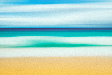 Watercolor illustration on textured paper of sand beach and sea. Artistic natural painting abstract background.