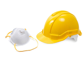 yellow hard hat - safety helmet and N95 Mask on white