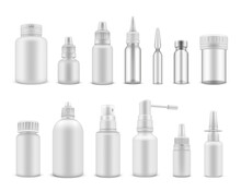 Medical Packaging White Realistic Mockups Set. Phial, Jar, Spray, Vial, Dropping Bottle, Flask.