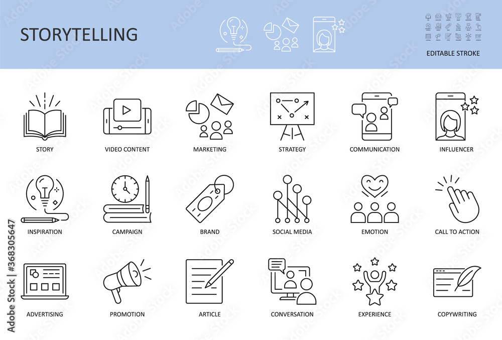 Vector storytelling icons. Editable stroke. Story content marketing strategy, campaign advertising brand social media. Conversation promotion article inspiration, copywriting call to action influencer - obrazy, fototapety, plakaty 