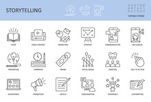 Vector Storytelling Icons. Editable Stroke. Story Content Marketing Strategy, Campaign Advertising Brand Social Media. Conversation Promotion Article Inspiration, Copywriting Call To Action Influencer