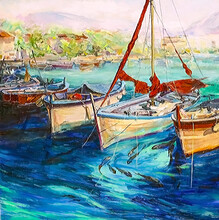 Beautiful Seascape With Yachts In The Bay. Oil Painting On Canvas, Created In Saturated Colors.