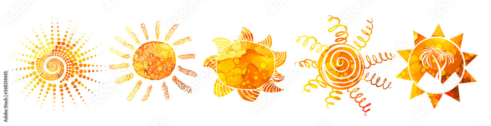 Set Symbols bright colorful funny sun. T-shirt print. Mixed media. Vector Illustration. - obrazy, fototapety, plakaty 