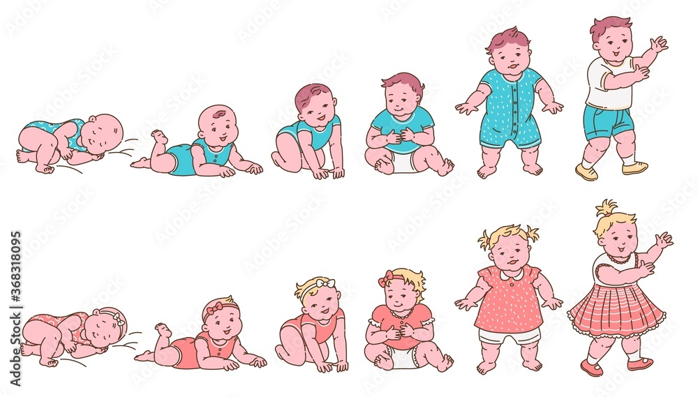 Set of baby growth stages up to first year, sketch vector illustration ...