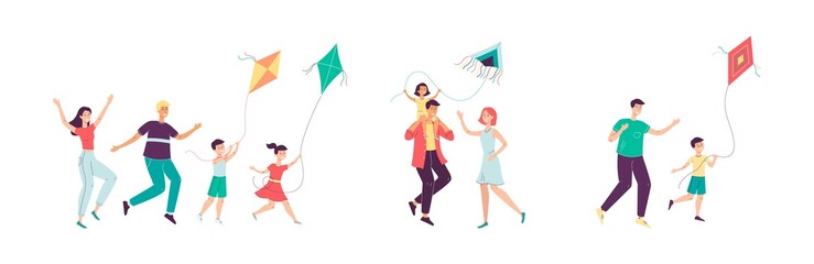 A happy family with children launches a kite set of vector isolated illustrations.