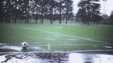 Slow Motion Shot Of Grass Football Field In Heavy Rain