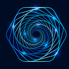 Poster - Swirling lighting symbol. Optical illusion. Twisted hexagon. 3D wireframe abstract tunnel. Vector illustration.