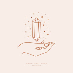 Poster - Magic quartz stone sparkles and hovers above the hand. Magic crystal in trendy linear style on light background. Mystical retro symbols for spiritual practices of ethnic magic and astrological rites.