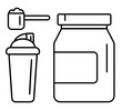 Sport nutrition supplement drink vector linear icons set. Whey protein package, scoop and shaker illustration.
