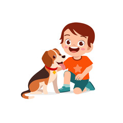 Wall Mural - happy cute little kid boy girl play with pet dog