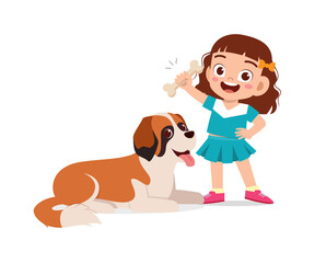 Canvas Print - happy cute little kid boy girl play with pet dog