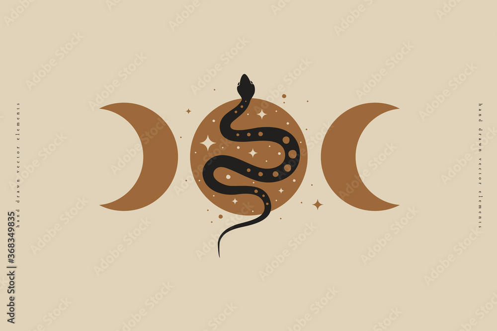 Magic snake with moon and crescents. Mystical symbols in a trendy minimalist style on a light background. Magic illustration for spiritual practices of ethnic magic and astrological rites. - obrazy, fototapety, plakaty 