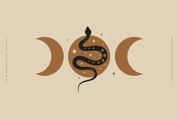 Magic snake with moon and crescents. Mystical symbols in a trendy minimalist style on a light background. Magic illustration for spiritual practices of ethnic magic and astrological rites.