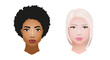 faces of a woman with black skin, black hair, ethnic afro hairstyle and a white woman, blonde with white skin. Vector illustration of a black and white woman for an avatar.