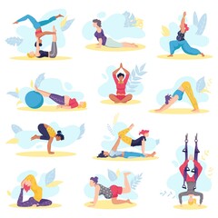 Wall Mural - Yoga girl exersices and body health poses fitness and health training set of flat isolated vector illustration. Beautiful young girls exercising various yoga poses, stretch and relax meditation.