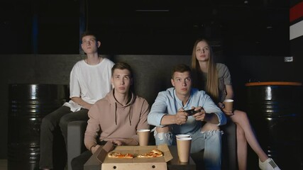 Sticker - Friends having sad with video game at home, young men losing game