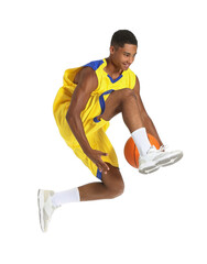 Wall Mural - Jumping African-American basketball player on white background
