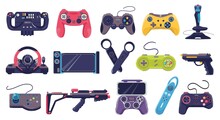 Game Joystick Icons And Gamers Gadgets Technology, Controller Set Of Vector Illustrations. Electronic Video Joysticks, Computer Devices. Gameing Console Collection For Digital Play, Entertainment.