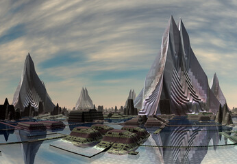 Wall Mural - 3d rendered futuristic alien city - 3d illustration