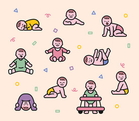 Poster - Newborn baby character in various poses. flat design style minimal vector illustration.