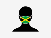 A Silhouette Of A Person Wearing A Mask With The Flag Of Jamaica On It. Vector Illustration.