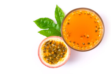 Glass of passion juice and passion fruit with green leaf  isolated on white background . 