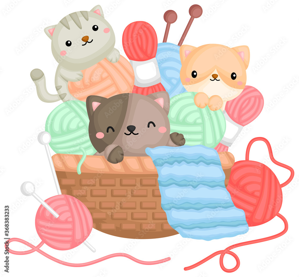 a vector of cats playing with yarns in a basket - obrazy, fototapety, plakaty 