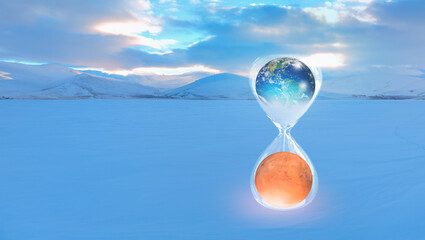 Poster - Global warming concept-Planet Earth is becoming a dead planet like Mars - Hourglass inside Planet Earth and Mars isolated- 