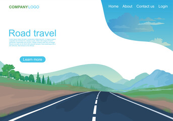 Vector illustration of a road among the fields and mountains,landing page