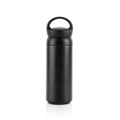 Wall Mural - Blank black trendy closed travel flask. Empty traveler bottle & drink container template isolated on white background. Thermo mug for hot or cold beverage, water, tea & coffee. For mockup & branding.