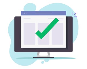 Check mark notice message complete on website on desktop computer or pc with approved confirmed notification web tick vector flat cartoon illustration, online note or updated internet task icon