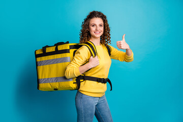 Poster - Portrait profile side view of her she nice attractive pretty content wavy-haired girl carrying takeout meal lunch showing thumbup isolated over bright vivid shine vibrant blue color background