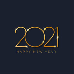 Happy new year 2021 typographic text poster design celebration. Glowing golden numbers and dark sky background vector illustration.