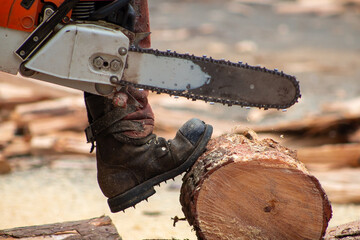 foot with boot stepping on wood log and cutting it with chainsaw