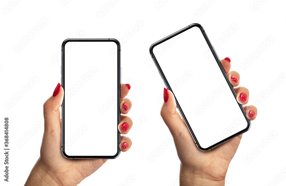 Woman hand holding the black smartphone with blank screen and modern ...
