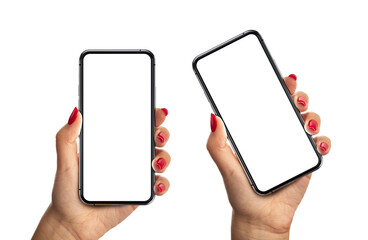Wall Mural - woman hand holding the black smartphone with blank screen and modern frameless design two positions 