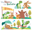 Vector Illustration of Cartoon the hare and the tortoise character set.  Turtle and rabbit racing. Fairy fable tale characters.