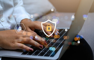 Businesswoman hand using laptop with Data protection, Cyber security secure, information safety and encryption concept. internet technology concept.