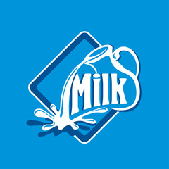 Sticker - Milk logo template - jug with flowing milk splash - creative branding emblem on blue background