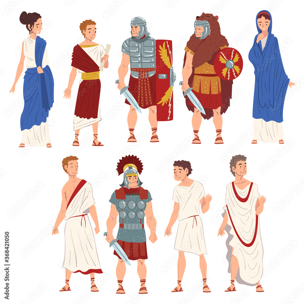 Roman People in Traditional Clothes Collection, Ancient Rome Citizens and Legionnaires Characters Vector Illustration - obrazy, fototapety, plakaty 