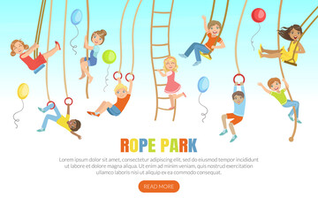 Sticker - Rope Park Landing Page Template, Happy Children Swinging on Ropes Web Page, Mobile App, Homepage Vector Illustration