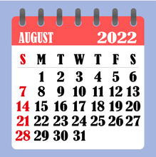 Letter Calendar For August 2022. The Week Begins On Sunday. Time, Planning And Schedule Concept. Flat Design. Removable Calendar For The Month. Vector