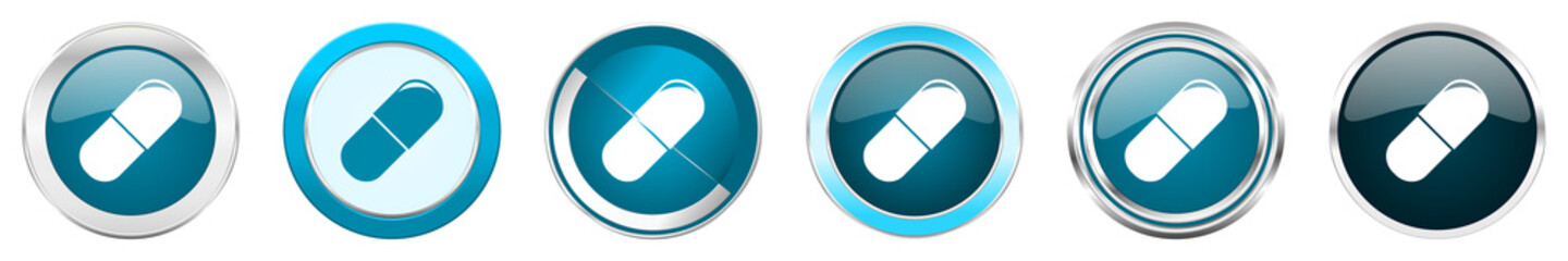 Aufkleber - Drugs silver metallic chrome border icons in 6 options, set of web blue round buttons isolated on white background