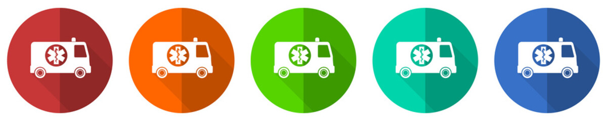 Aufkleber - Ambulance icon set, red, blue, green and orange flat design web buttons isolated on white background, vector illustration
