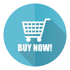 Poster - Buy now vector icon, flat design blue round web button isolated on white background