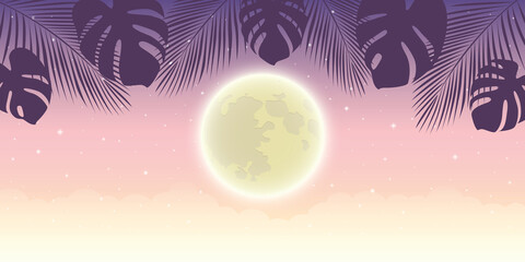 Wall Mural - romantic night background with full moon and palm tree leaves vector illustration EPS10