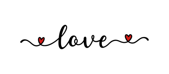 Hand sketched Love word as banner or logo. Lettering for header, label, announcement, advertising