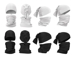 Wall Mural - 3d seamless sports bandana template in black and white color. How to wear a seamless bandana on your face and head. Mask, hat, sports headgear. 3D realistic render of mock up clothes.