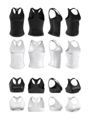 Wall Mural - Set of women's sportswear. Tank top and brasier in white and black. 3d render of realistic clothing template, mock up sports uniform isolated on a white background.